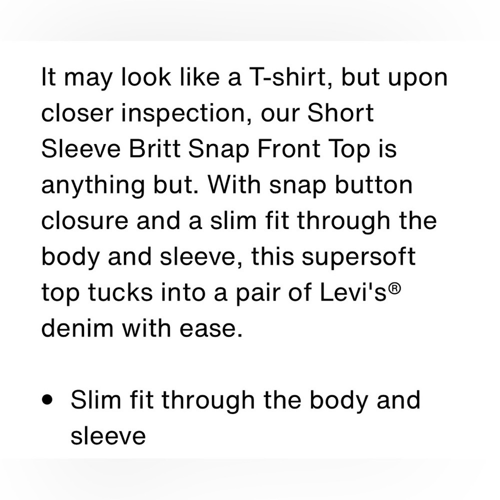 Levi’s Short Sleeve Britt Snap Front Top. Pre-Owned. - Picture 13 of 14